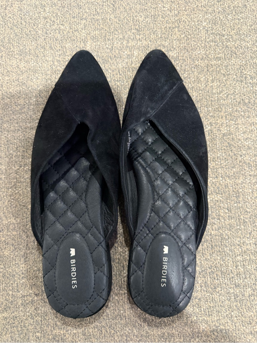 Birdies Black Quilted Pointed Slide Mules